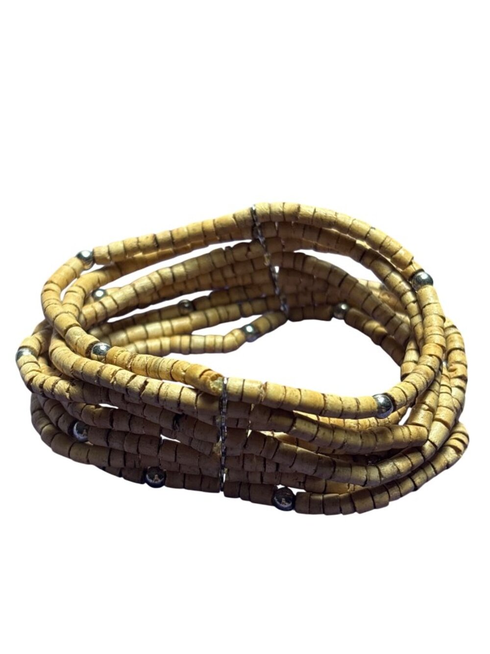 Wooden Beaded Slightly Stretchy Roll On Bracelet Multi Strand Silvertone